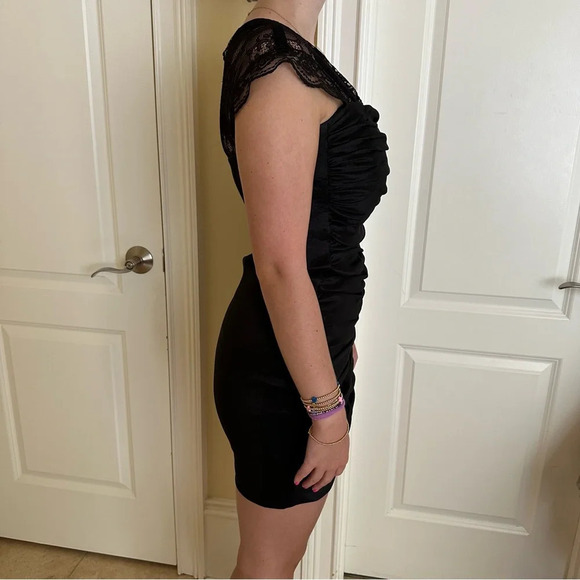 Vintage Jessica McClintock sz 8 One Shoulder Lace Cocktail Dress Ruched Stretch - Picture 3 of 16